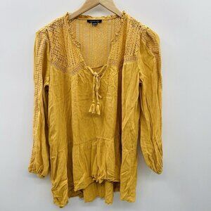American Eagle Womens Size XS 3/4 Sleeve Boho Peasant Woven Blouse in Gold 2417